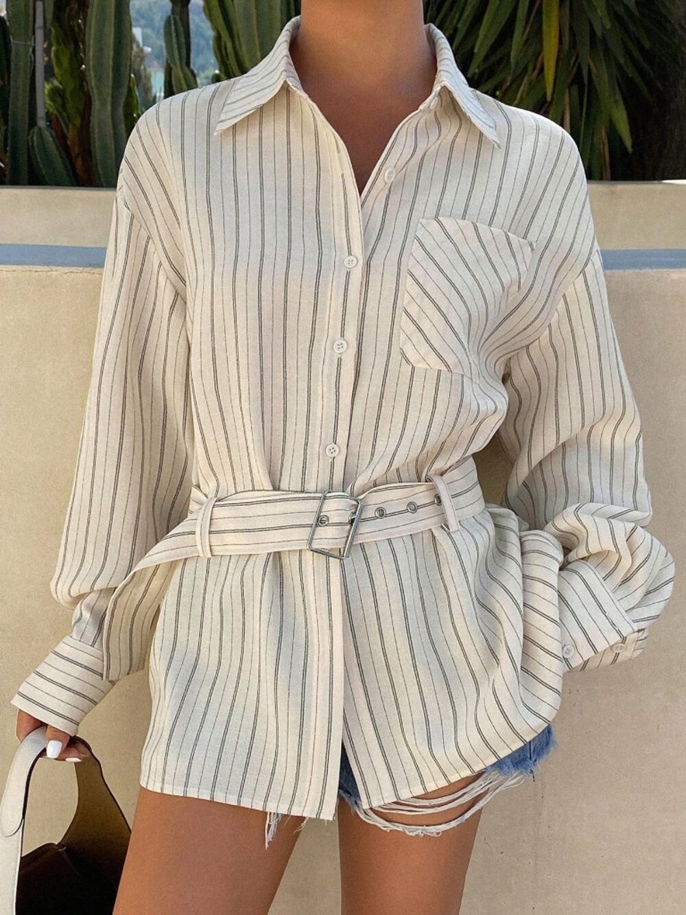 Beige Casual Women's Pocket Button Front Loose Fit Striped Long Shirt